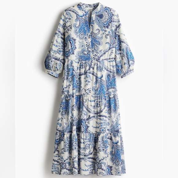 H&M Paisley V-Neck Tiered Dress w/ Gold-Tone Buttons 100% Cotton P2P 21 in. - Picture 3 of 11